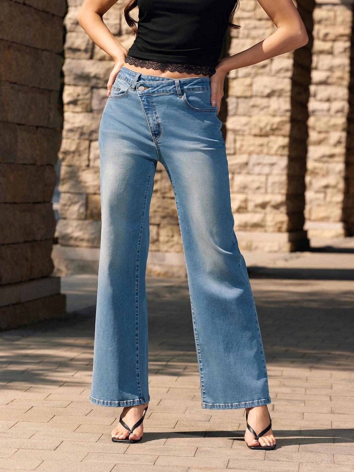 imageVinova Womens Straight Leg Jeans Stretchy Cross Fly High Waisted Wide Leg Baggy Casual Trendy Pants with PocketsIndigo