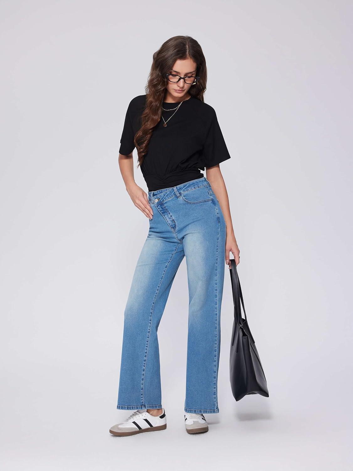 imageVinova Womens Straight Leg Jeans Stretchy Cross Fly High Waisted Wide Leg Baggy Casual Trendy Pants with PocketsIndigo