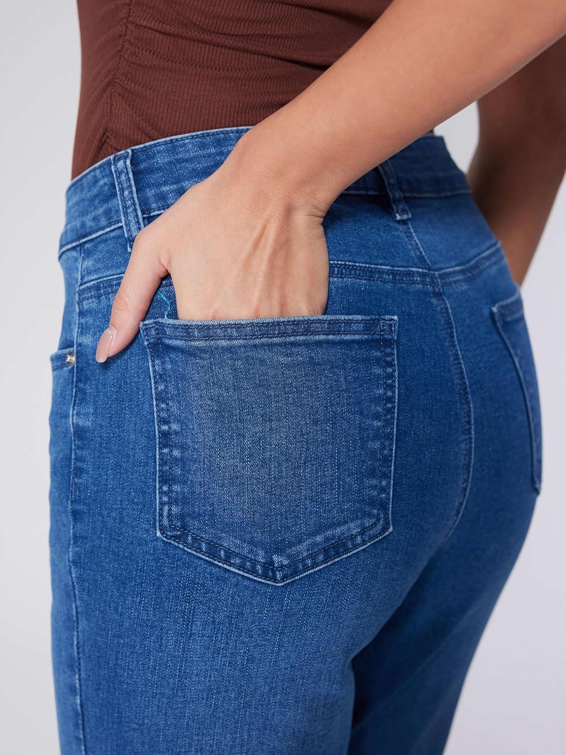 imageVinova Womens Straight Leg Jeans for Women Stretchy Mid Waisted Trendy Denim Pants Bottoms with PocketsBlue