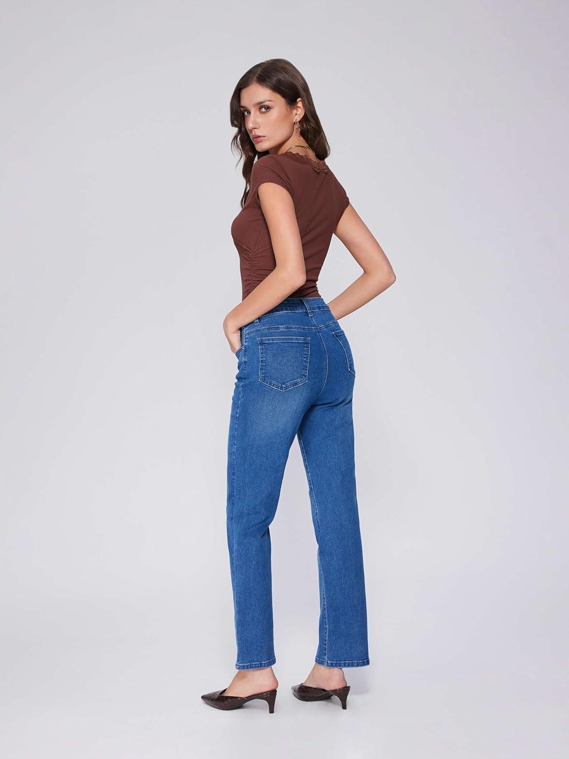 imageVinova Womens Straight Leg Jeans for Women Stretchy Mid Waisted Trendy Denim Pants Bottoms with PocketsBlue