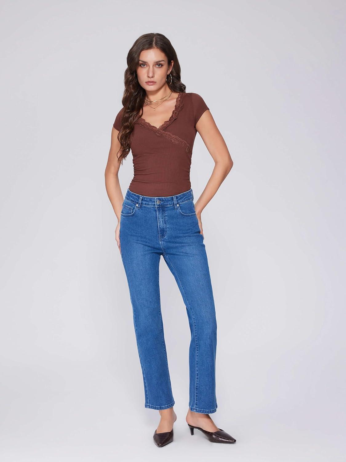 imageVinova Womens Straight Leg Jeans for Women Stretchy Mid Waisted Trendy Denim Pants Bottoms with PocketsBlue