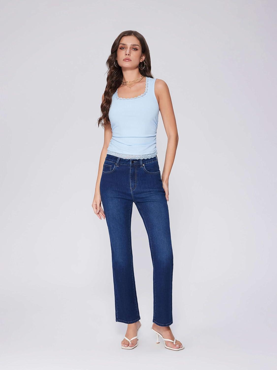 imageVinova Womens Straight Leg Jeans for Women Stretchy Mid Waisted Trendy Denim Pants Bottoms with PocketsDark Navy