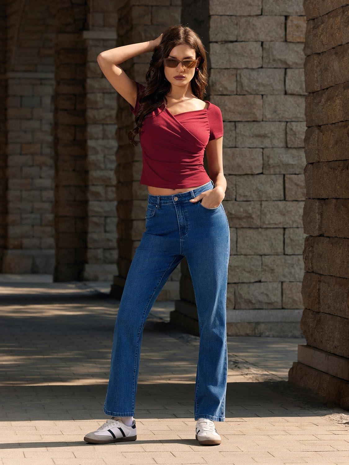 imageVinova Womens Straight Leg Jeans for Women Stretchy Mid Waisted Trendy Denim Pants Bottoms with PocketsDark Navy