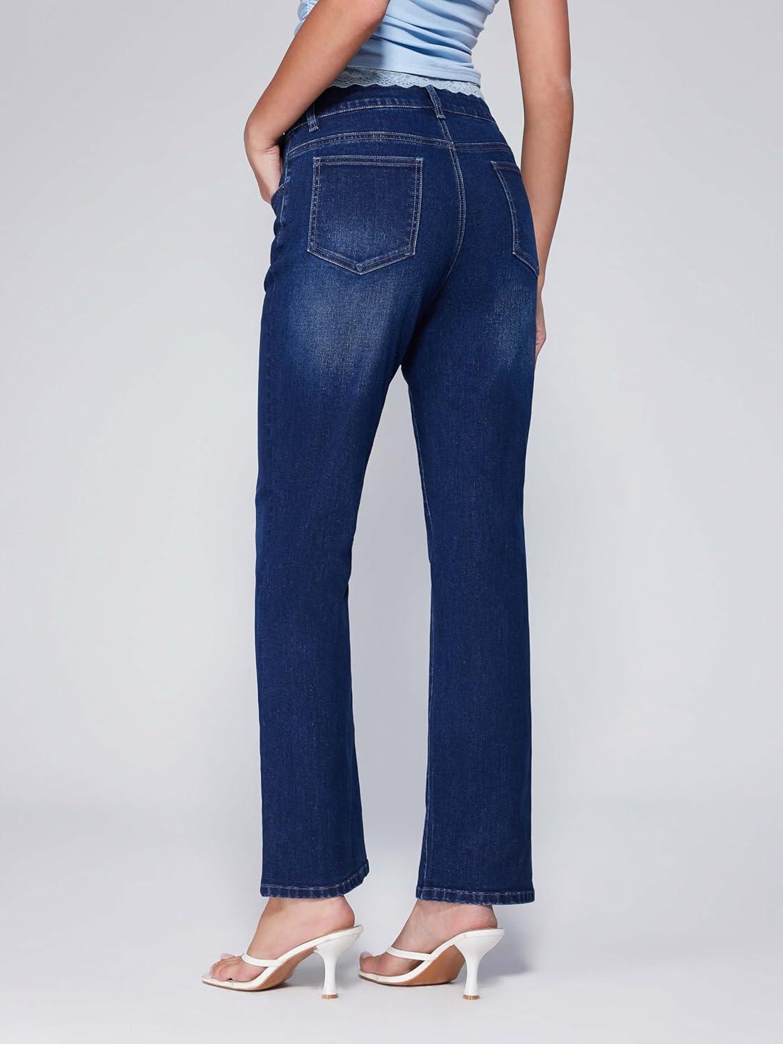 imageVinova Womens Straight Leg Jeans for Women Stretchy Mid Waisted Trendy Denim Pants Bottoms with PocketsDark Navy