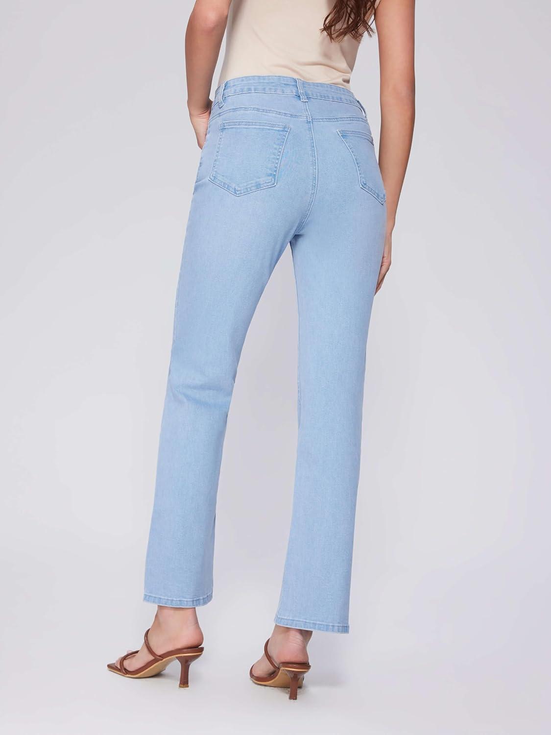 imageVinova Womens Straight Leg Jeans for Women Stretchy Mid Waisted Trendy Denim Pants Bottoms with PocketsLight Blue