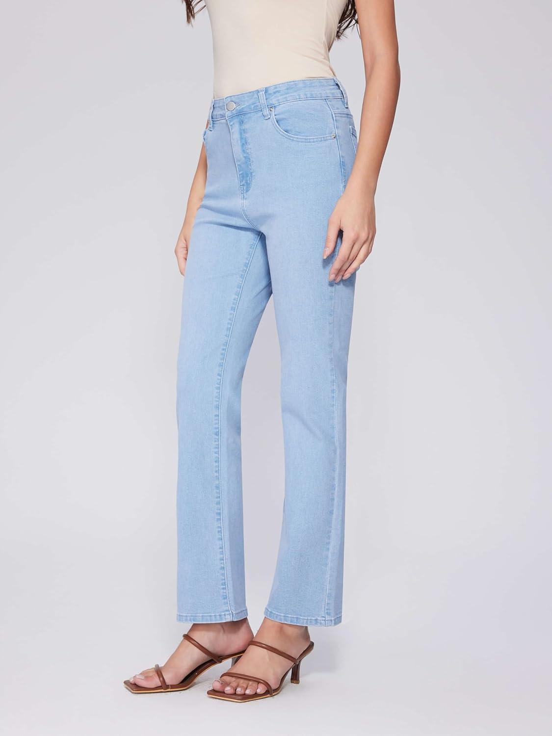 imageVinova Womens Straight Leg Jeans for Women Stretchy Mid Waisted Trendy Denim Pants Bottoms with PocketsLight Blue