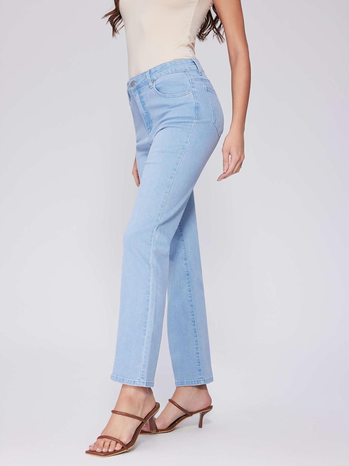 imageVinova Womens Straight Leg Jeans for Women Stretchy Mid Waisted Trendy Denim Pants Bottoms with PocketsLight Blue