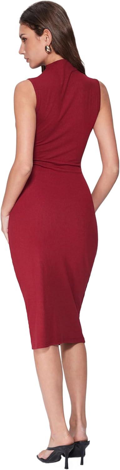 imageVinova Womens Summer Mock Neck Midi Dresses Casual Sleeveless Bodycon Dress Elegant Party Long SundressWine