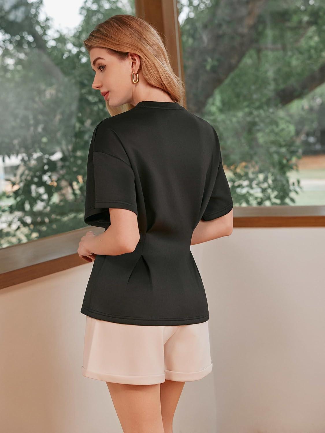 imageVinova Womens Summer Tops Short Sleeve Flared Hem T Shirts Blouses Crew Neck Tee Business Casual OutfitsBlack