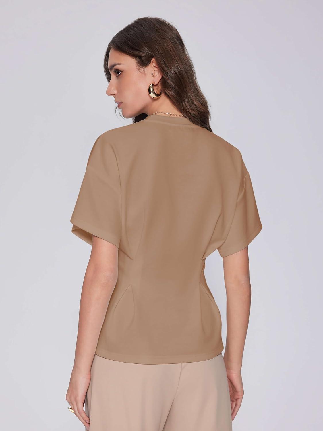 imageVinova Womens Summer Tops Short Sleeve Flared Hem T Shirts Blouses Crew Neck Tee Business Casual OutfitsBrown