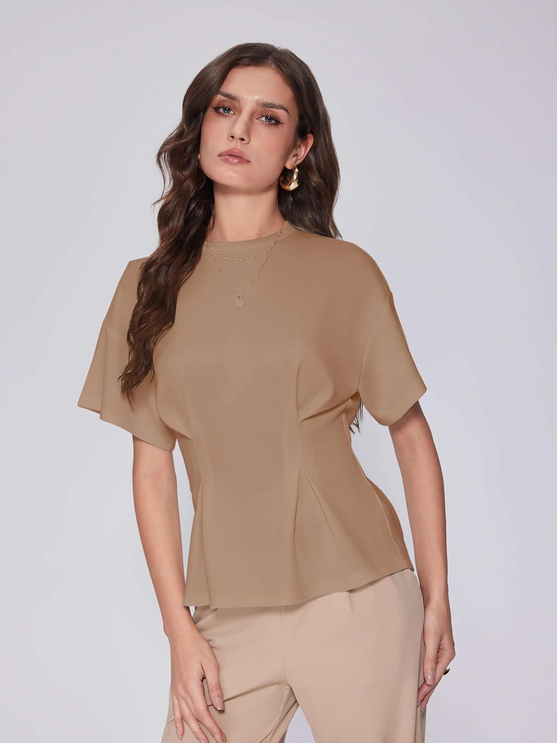 imageVinova Womens Summer Tops Short Sleeve Flared Hem T Shirts Blouses Crew Neck Tee Business Casual OutfitsBrown