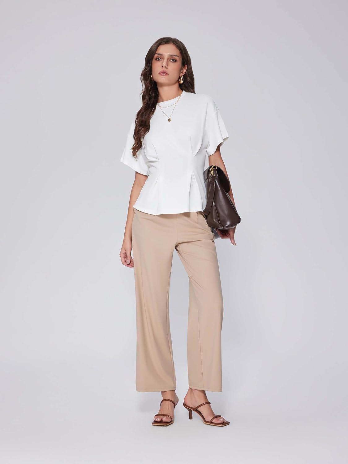 imageVinova Womens Summer Tops Short Sleeve Flared Hem T Shirts Blouses Crew Neck Tee Business Casual OutfitsWhite