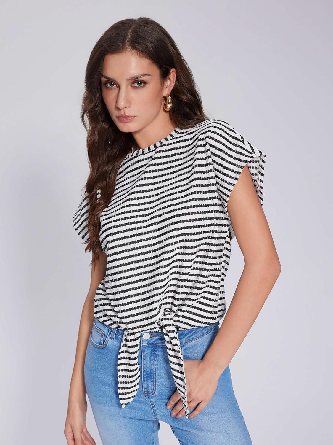 imageVinova Womens Summer Tops Striped Cap Sleeve Crew Neck Tie Knot Crop Tops T Shirts Loose Casual Summer OutfitsBlack