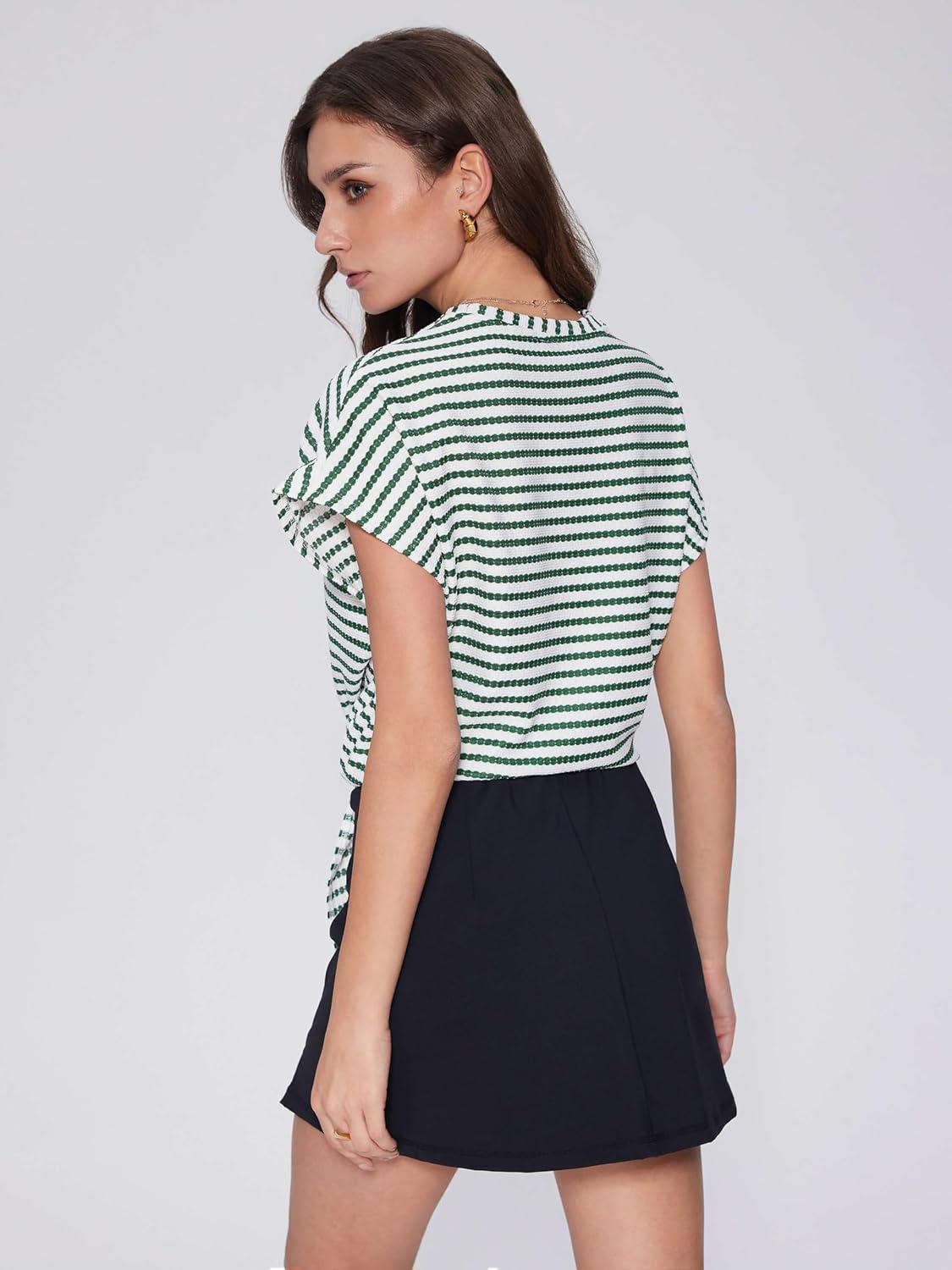 imageVinova Womens Summer Tops Striped Cap Sleeve Crew Neck Tie Knot Crop Tops T Shirts Loose Casual Summer OutfitsLight Green