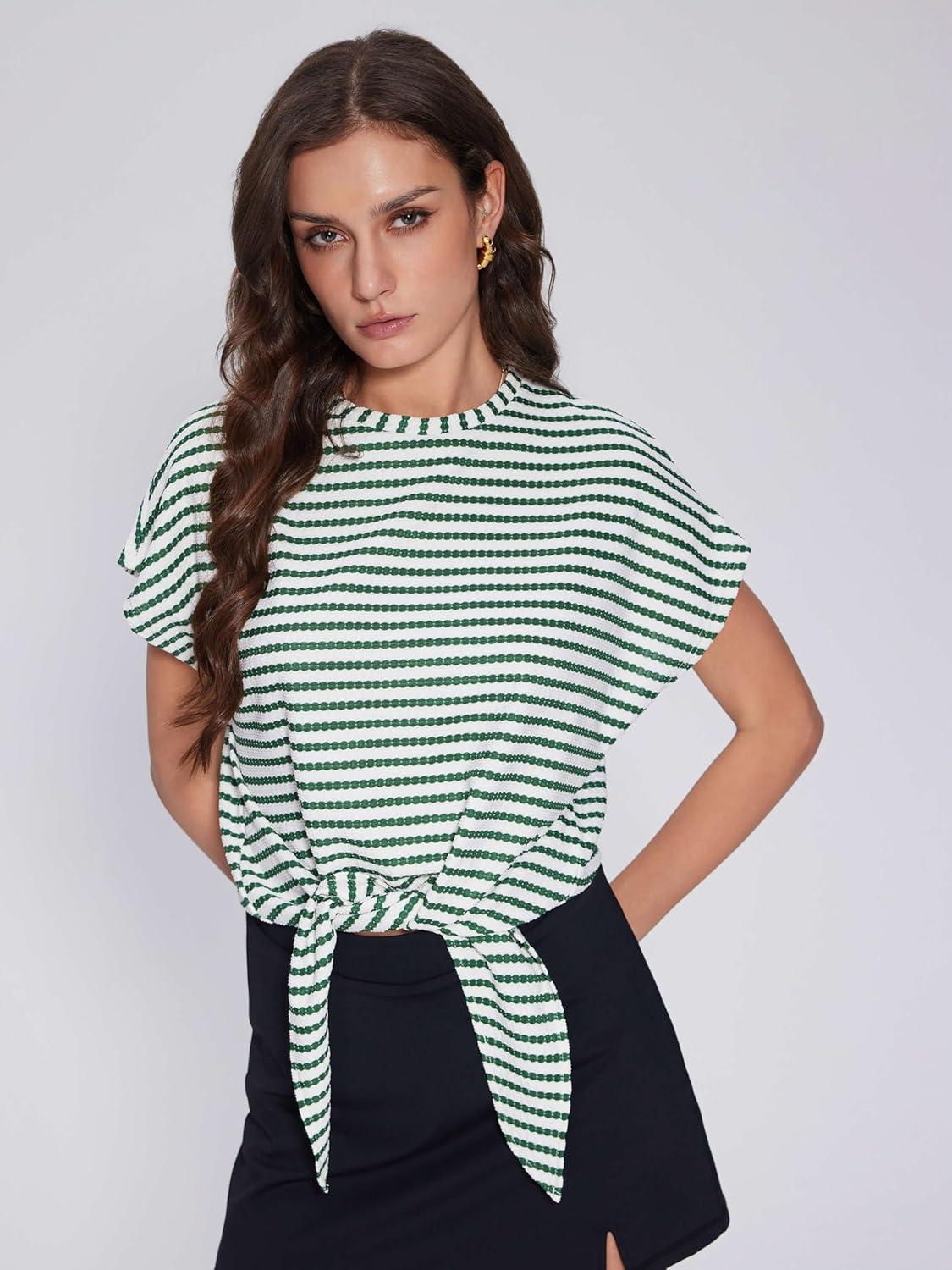 imageVinova Womens Summer Tops Striped Cap Sleeve Crew Neck Tie Knot Crop Tops T Shirts Loose Casual Summer OutfitsLight Green