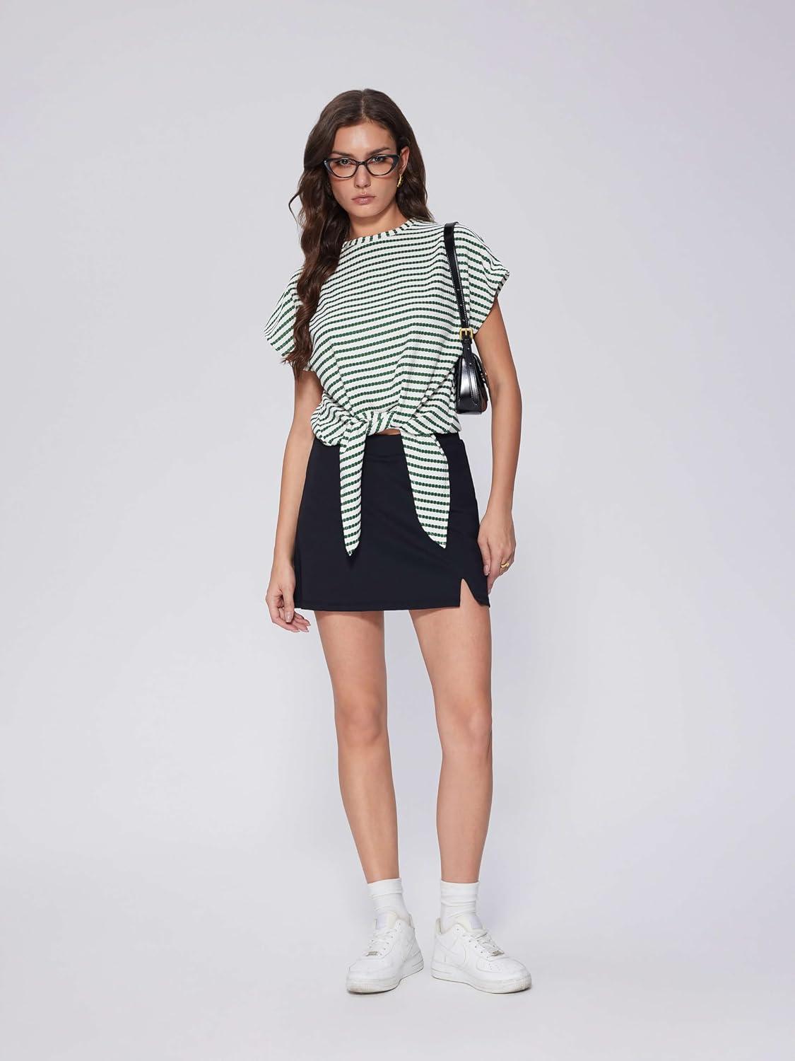 imageVinova Womens Summer Tops Striped Cap Sleeve Crew Neck Tie Knot Crop Tops T Shirts Loose Casual Summer OutfitsLight Green