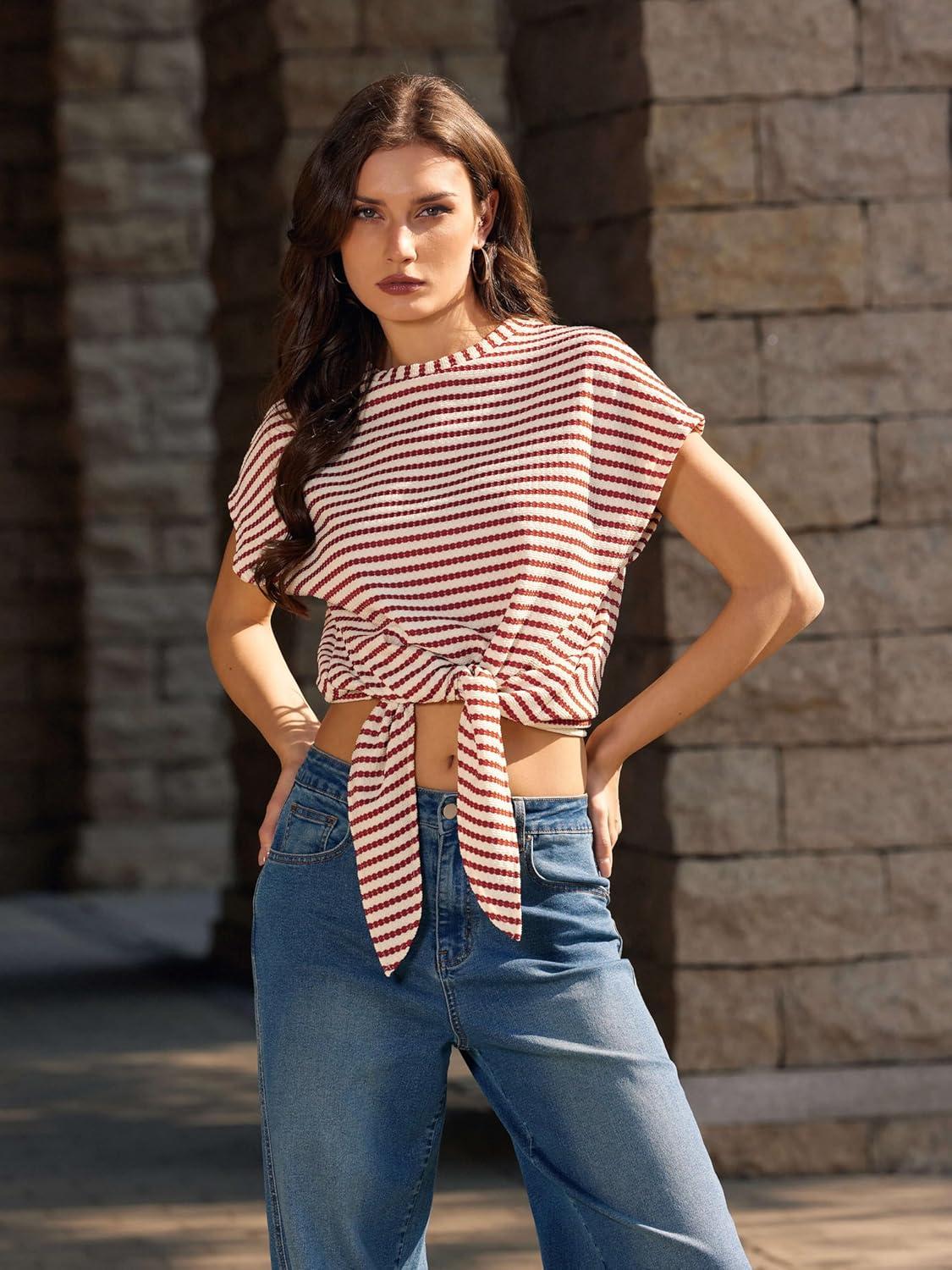 imageVinova Womens Summer Tops Striped Cap Sleeve Crew Neck Tie Knot Crop Tops T Shirts Loose Casual Summer OutfitsRed