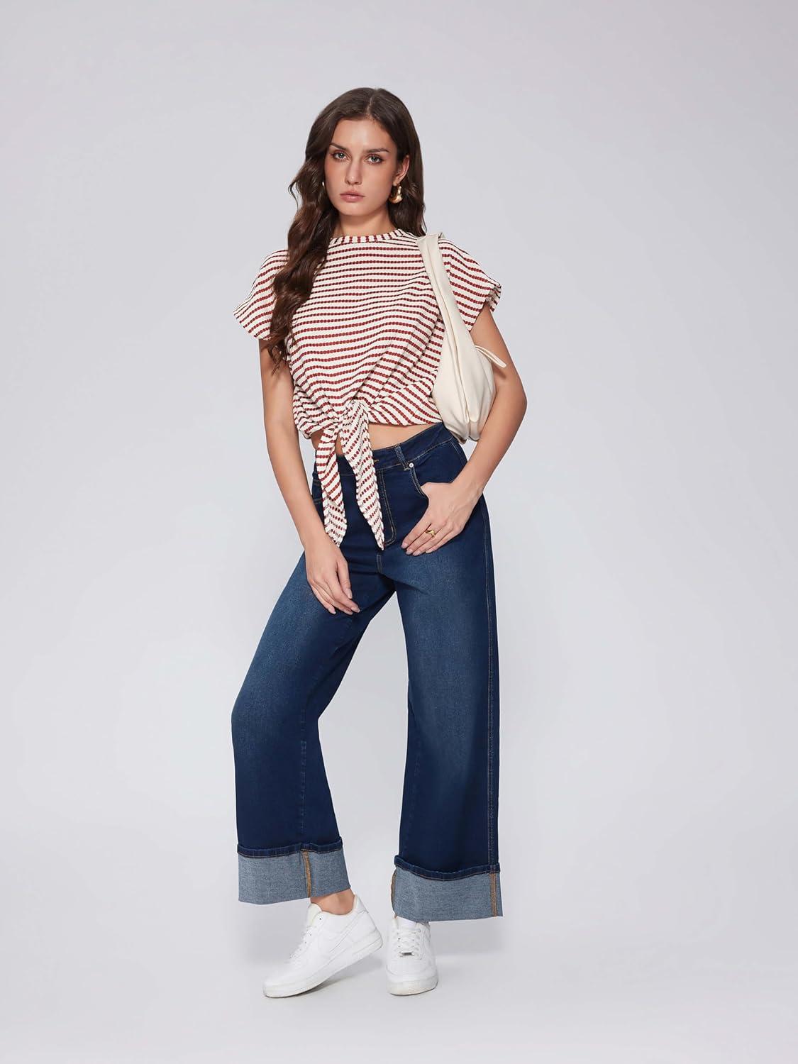 imageVinova Womens Summer Tops Striped Cap Sleeve Crew Neck Tie Knot Crop Tops T Shirts Loose Casual Summer OutfitsRed