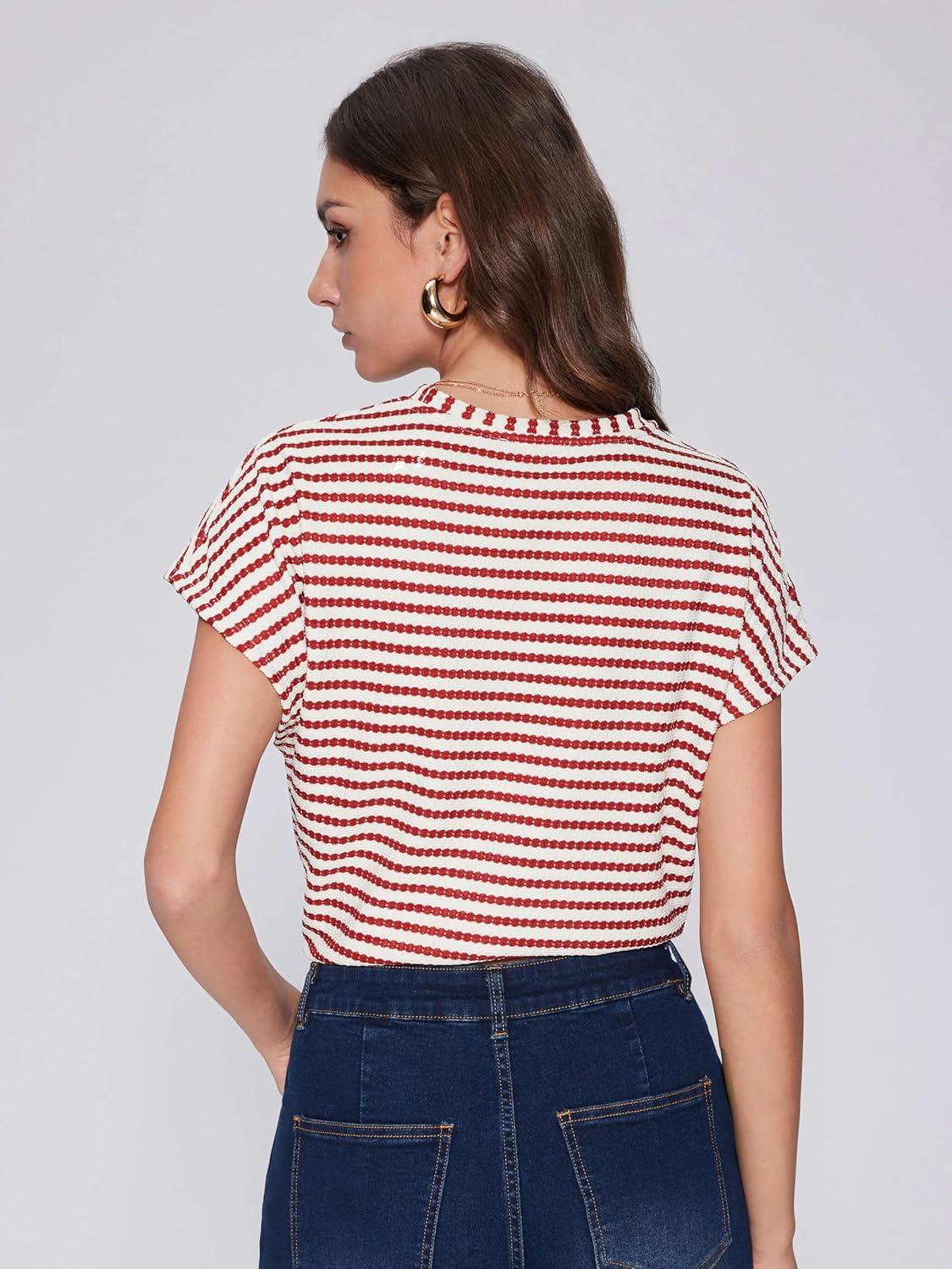 imageVinova Womens Summer Tops Striped Cap Sleeve Crew Neck Tie Knot Crop Tops T Shirts Loose Casual Summer OutfitsRed