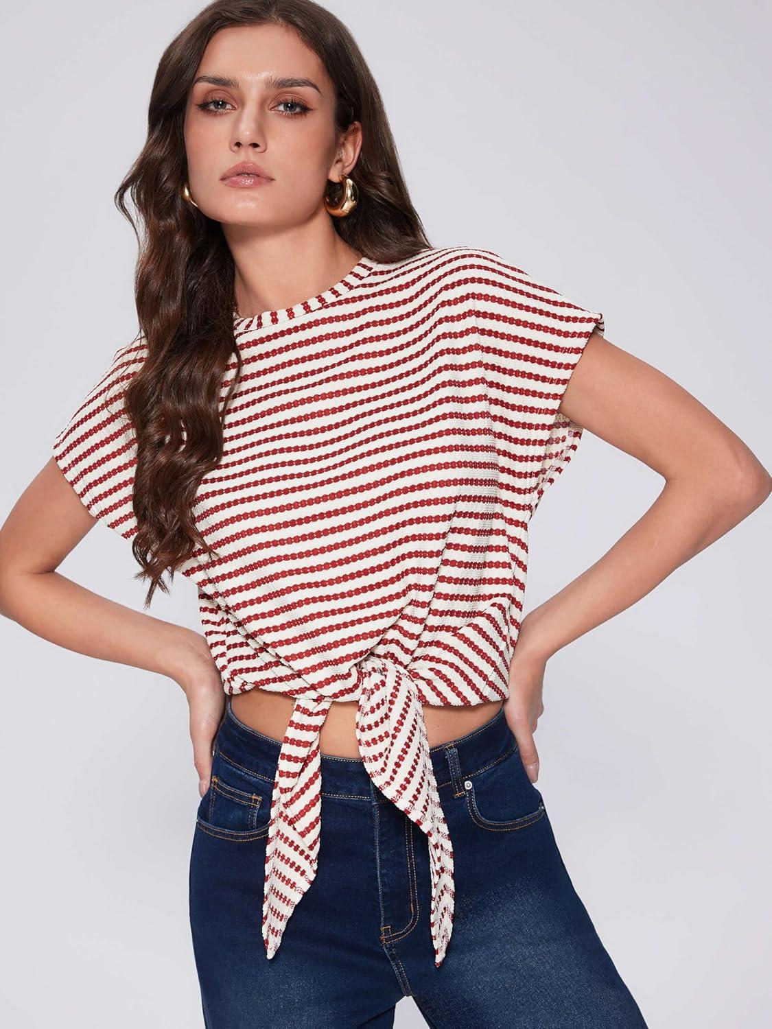 imageVinova Womens Summer Tops Striped Cap Sleeve Crew Neck Tie Knot Crop Tops T Shirts Loose Casual Summer OutfitsRed