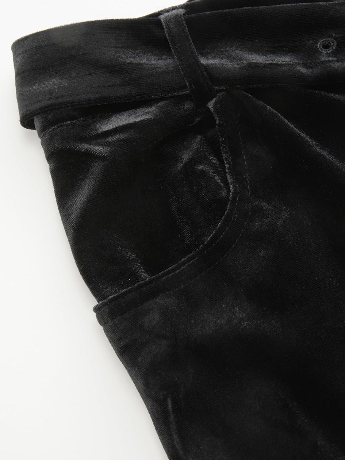 imageVinova Womens Velvet Wide Leg Pants High Waist Belted TrousersBlack