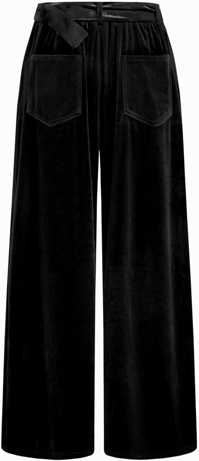 imageVinova Womens Velvet Wide Leg Pants High Waist Belted TrousersBlack