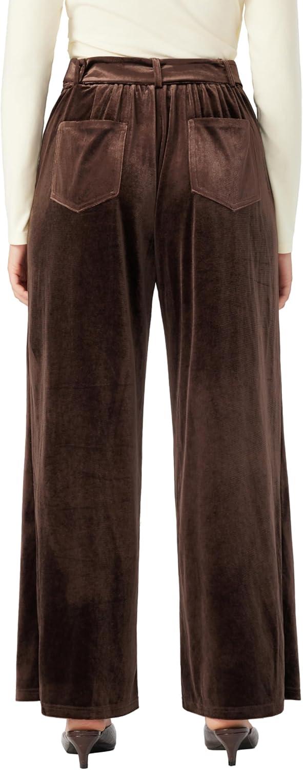 imageVinova Womens Velvet Wide Leg Pants High Waist Belted TrousersCoffee