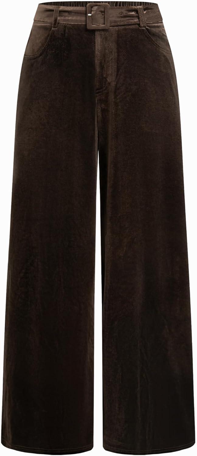 imageVinova Womens Velvet Wide Leg Pants High Waist Belted TrousersCoffee