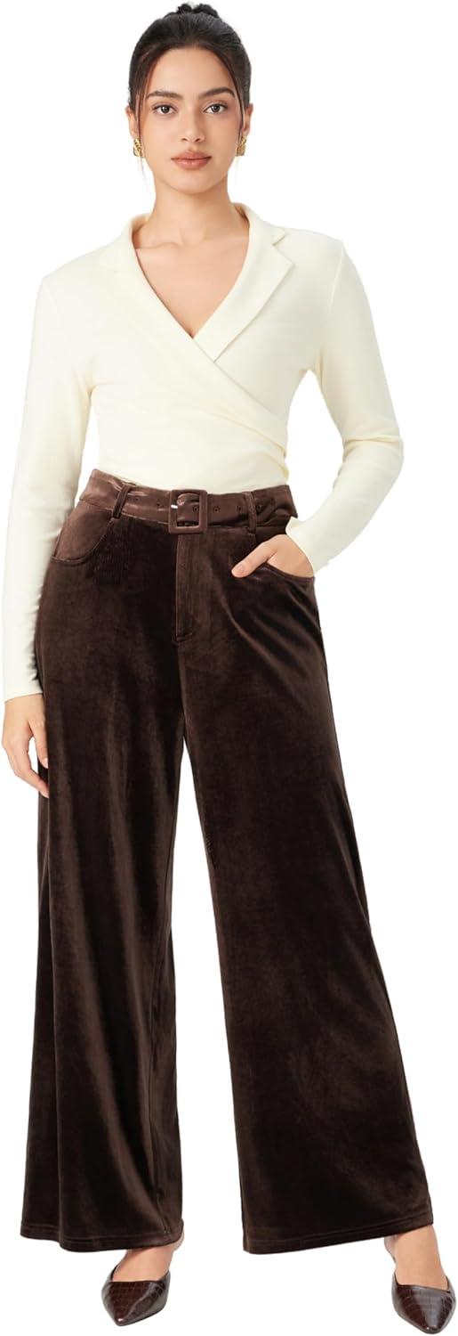 imageVinova Womens Velvet Wide Leg Pants High Waist Belted TrousersCoffee