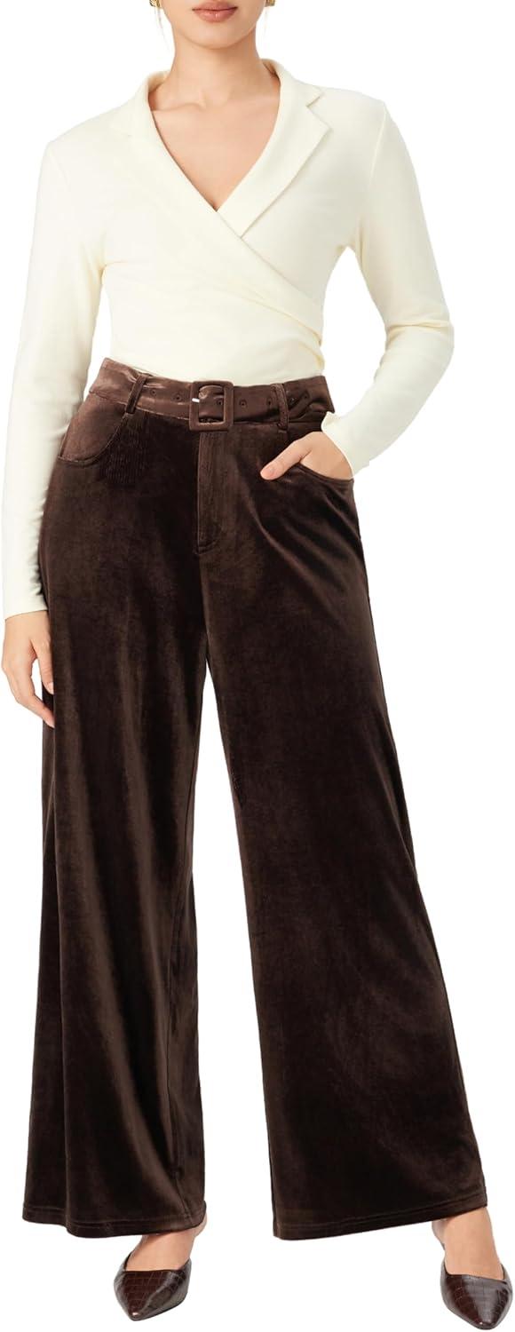 imageVinova Womens Velvet Wide Leg Pants High Waist Belted TrousersCoffee