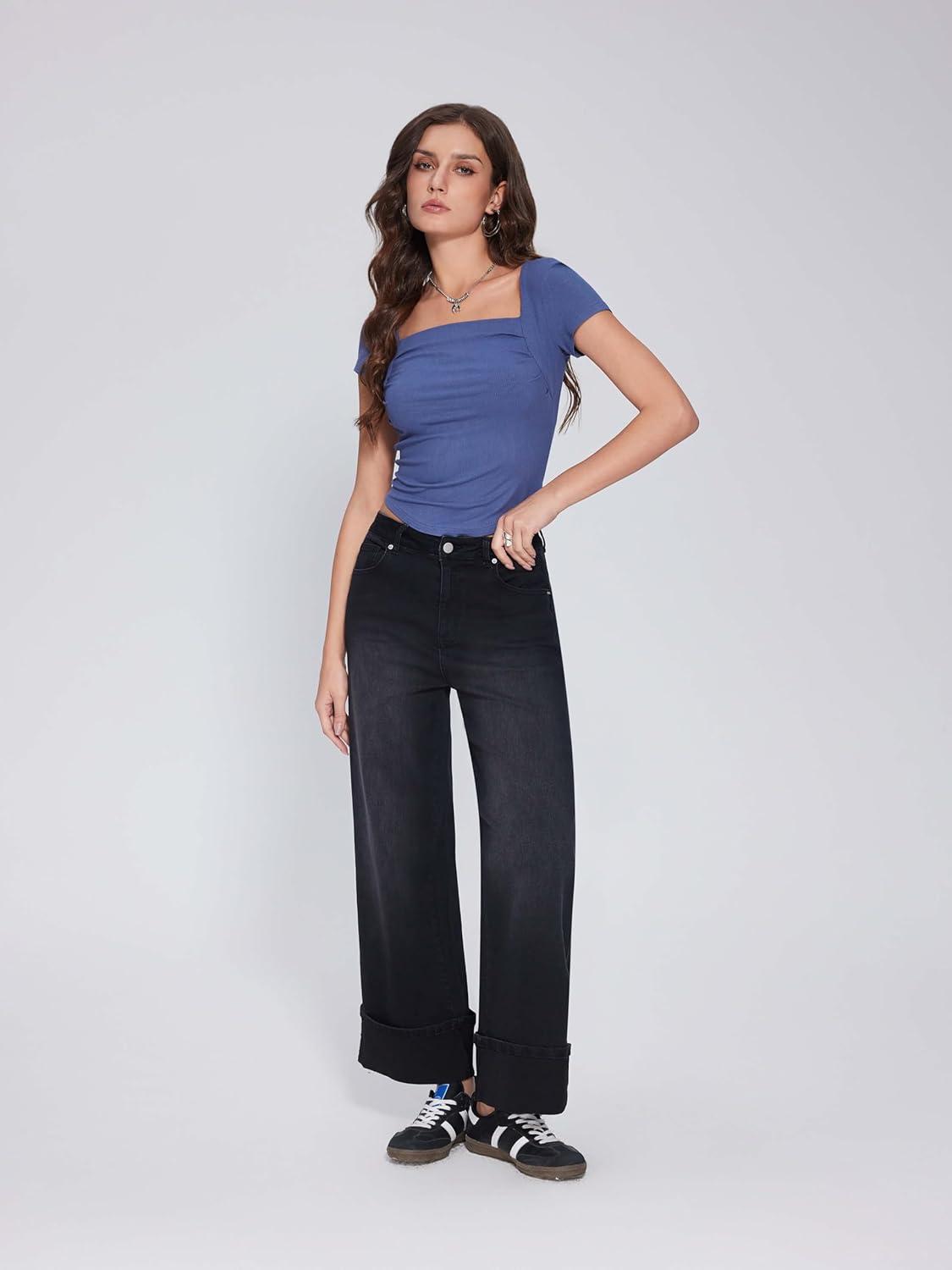 imageVinova Womens Wide Leg Baggy Jeans Stretchy Folded Hem Cuffed Boyfriend Denim Pants Trendy Straight Leg Trouser JeansBlack