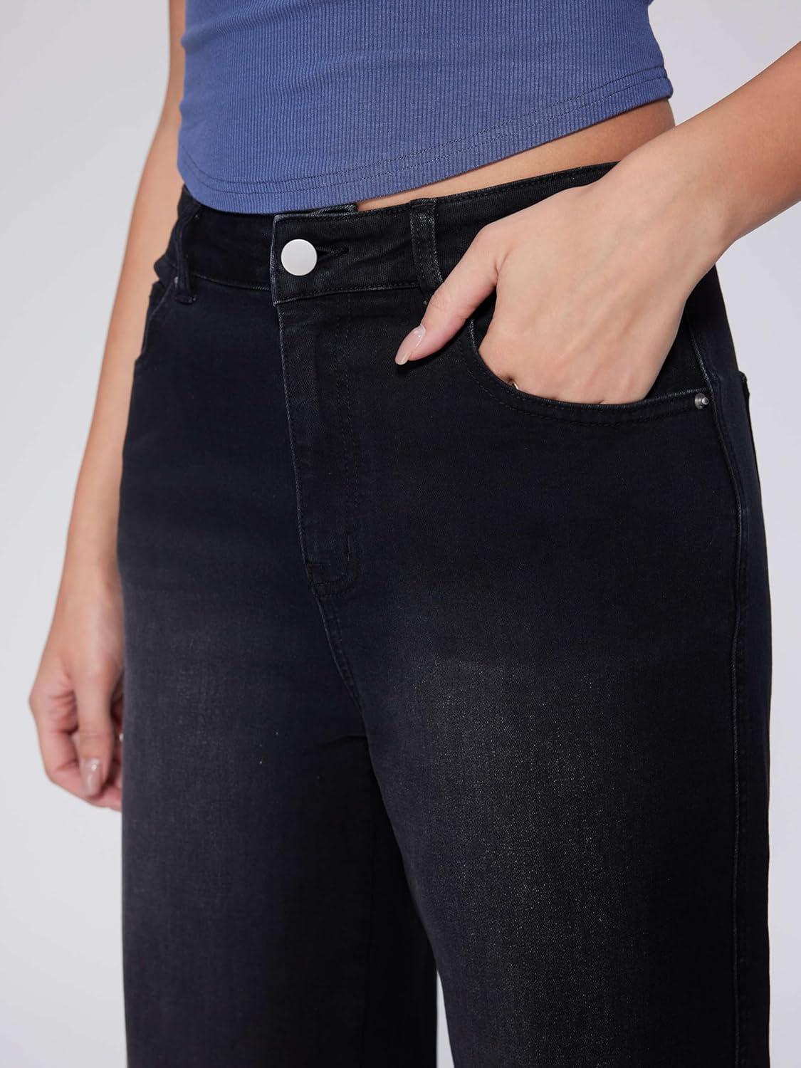 imageVinova Womens Wide Leg Baggy Jeans Stretchy Folded Hem Cuffed Boyfriend Denim Pants Trendy Straight Leg Trouser JeansBlack