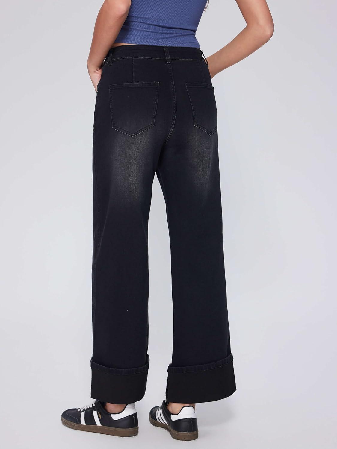 imageVinova Womens Wide Leg Baggy Jeans Stretchy Folded Hem Cuffed Boyfriend Denim Pants Trendy Straight Leg Trouser JeansBlack