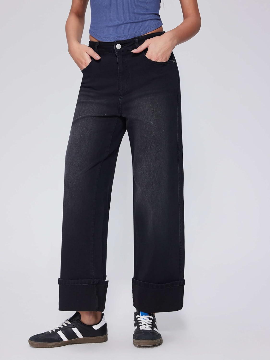 imageVinova Womens Wide Leg Baggy Jeans Stretchy Folded Hem Cuffed Boyfriend Denim Pants Trendy Straight Leg Trouser JeansBlack