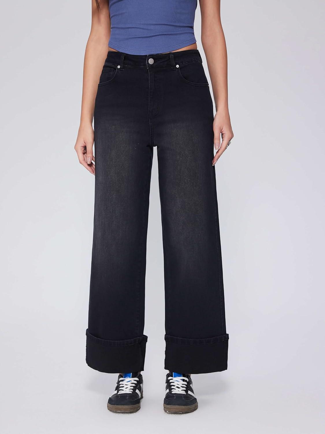 imageVinova Womens Wide Leg Baggy Jeans Stretchy Folded Hem Cuffed Boyfriend Denim Pants Trendy Straight Leg Trouser JeansBlack