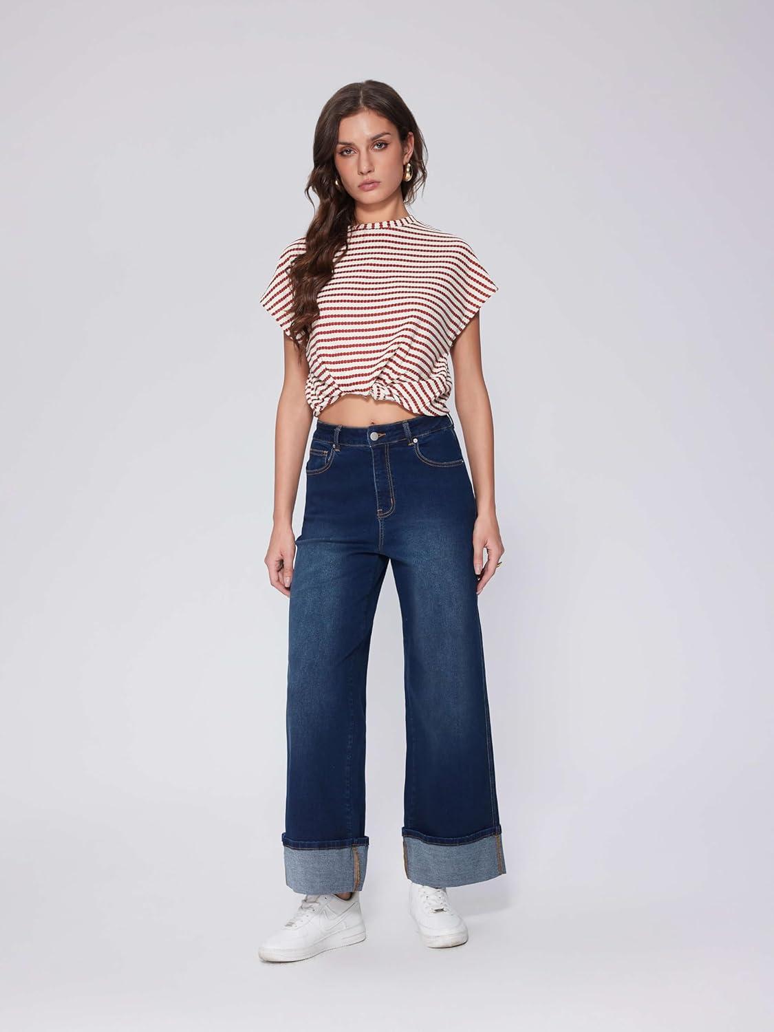 imageVinova Womens Wide Leg Baggy Jeans Stretchy Folded Hem Cuffed Boyfriend Denim Pants Trendy Straight Leg Trouser JeansDark Denim