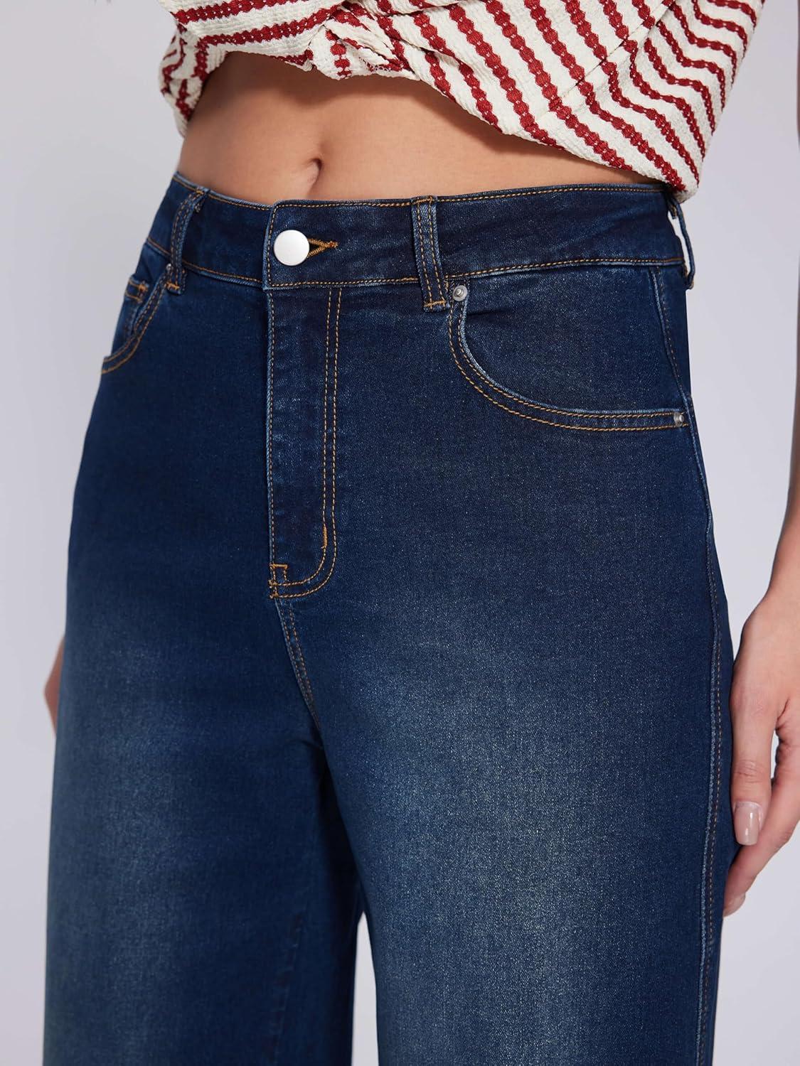 imageVinova Womens Wide Leg Baggy Jeans Stretchy Folded Hem Cuffed Boyfriend Denim Pants Trendy Straight Leg Trouser JeansDark Denim