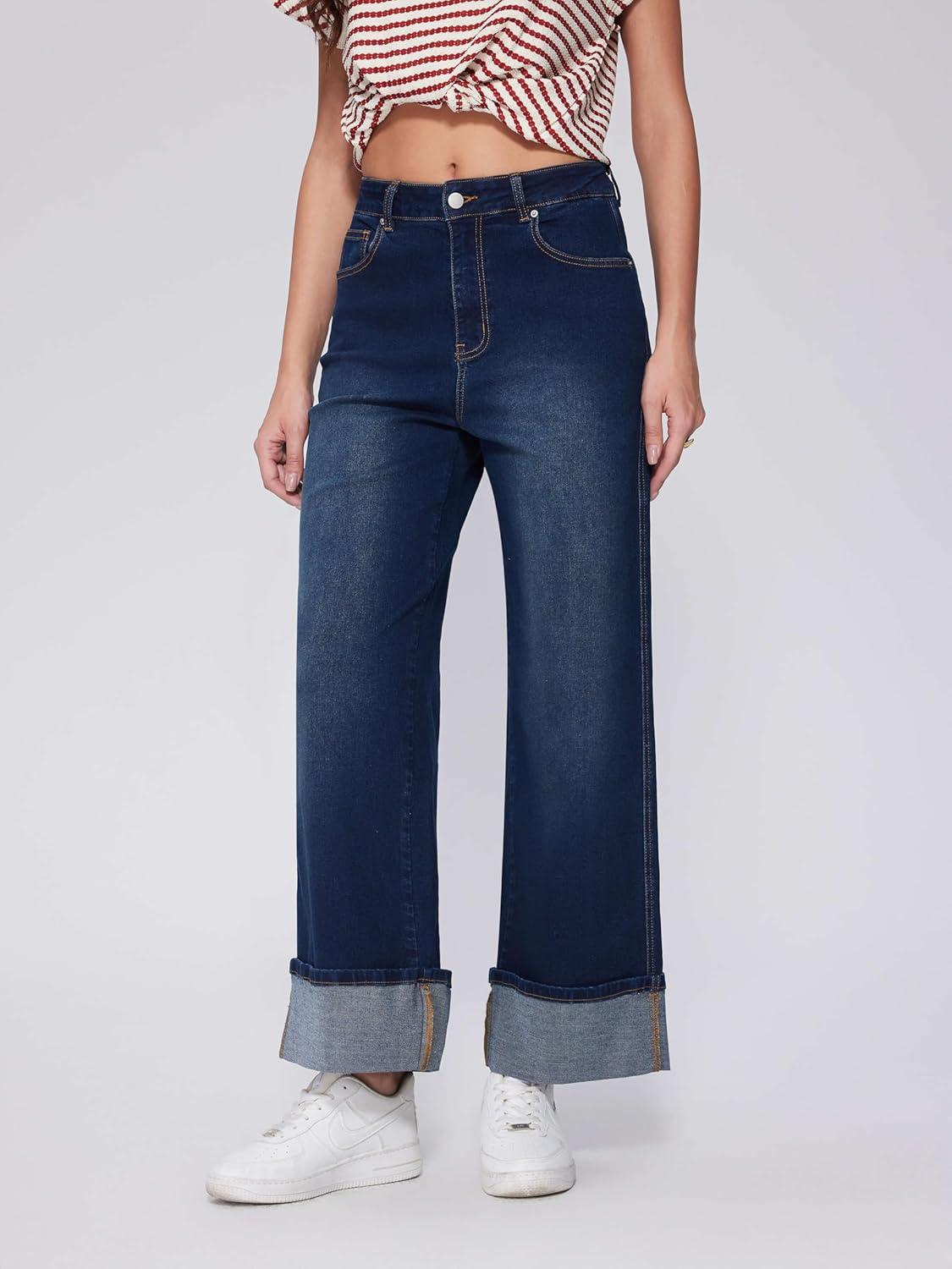 imageVinova Womens Wide Leg Baggy Jeans Stretchy Folded Hem Cuffed Boyfriend Denim Pants Trendy Straight Leg Trouser JeansDark Denim