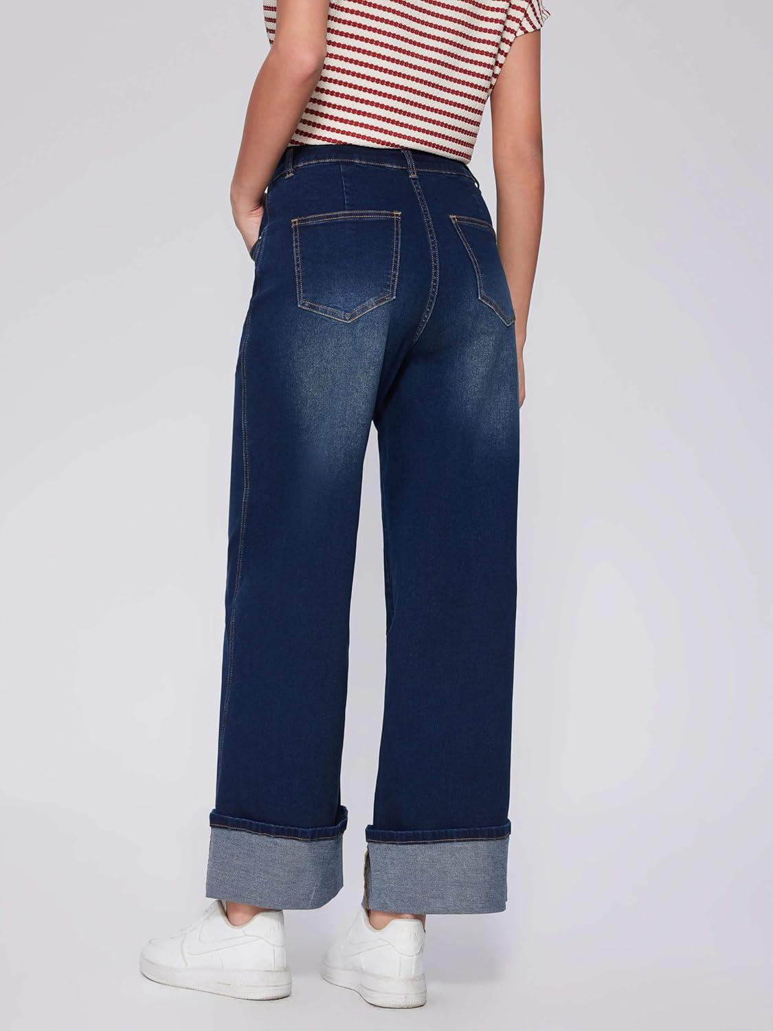 imageVinova Womens Wide Leg Baggy Jeans Stretchy Folded Hem Cuffed Boyfriend Denim Pants Trendy Straight Leg Trouser JeansDark Denim