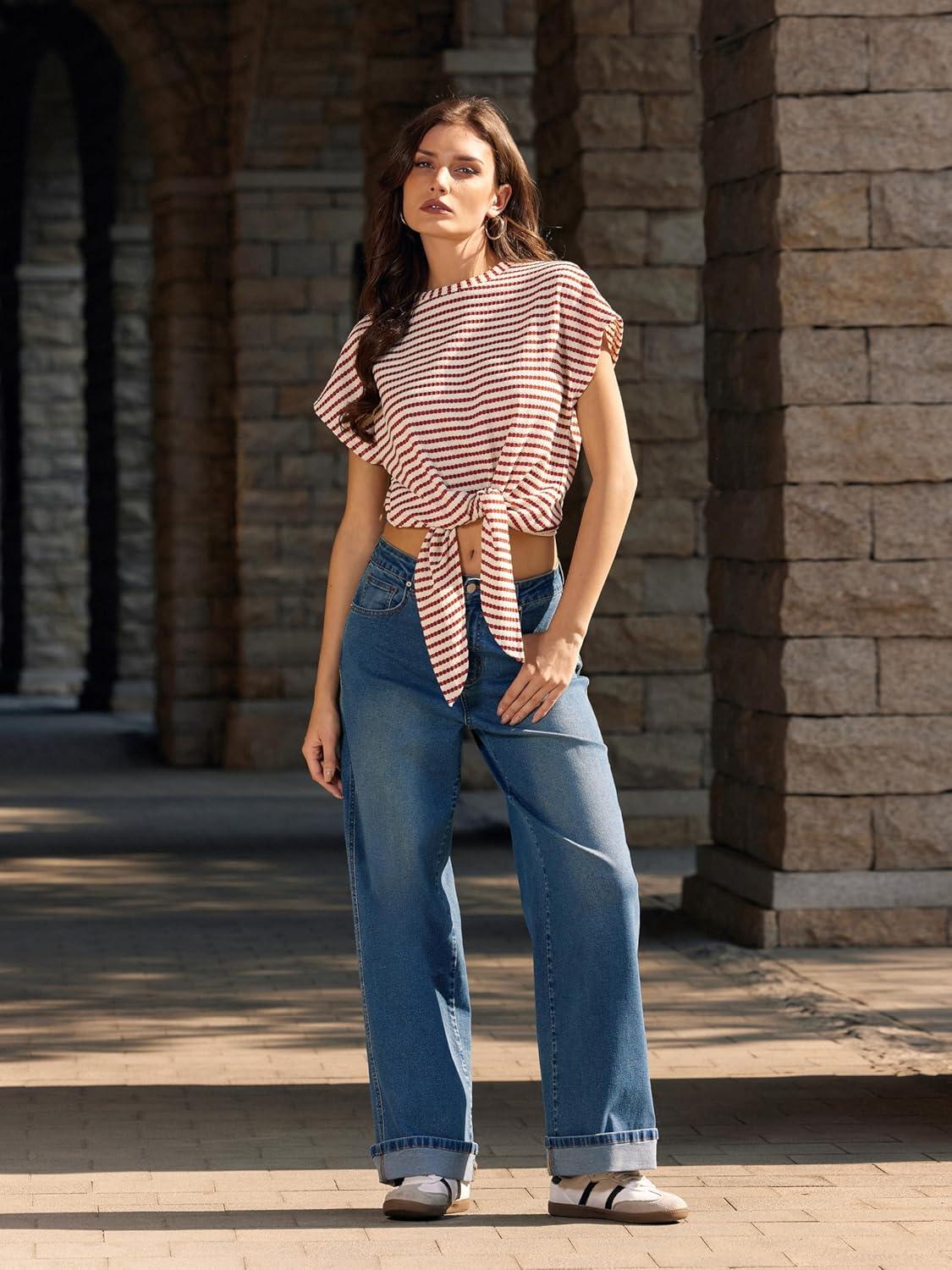 imageVinova Womens Wide Leg Baggy Jeans Stretchy Folded Hem Cuffed Boyfriend Denim Pants Trendy Straight Leg Trouser JeansDenim