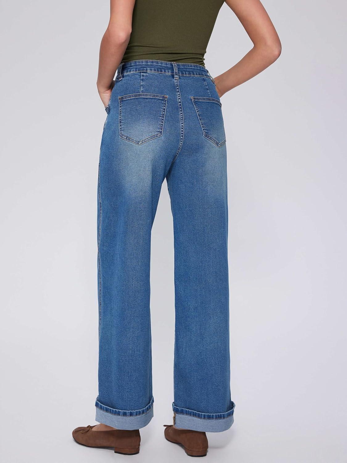 imageVinova Womens Wide Leg Baggy Jeans Stretchy Folded Hem Cuffed Boyfriend Denim Pants Trendy Straight Leg Trouser JeansDenim