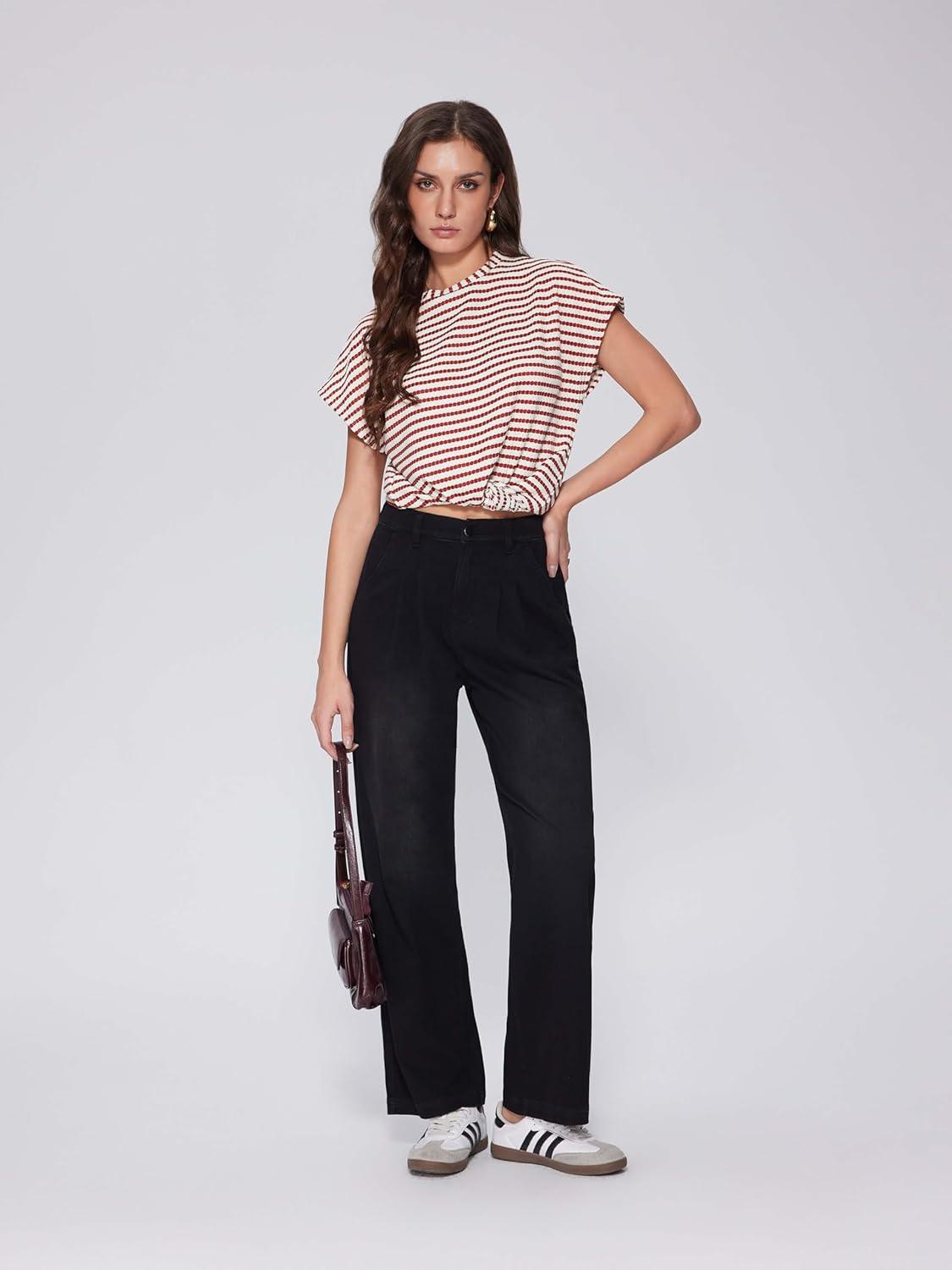 imageVinova Womens Wide Leg Baggy Jeans Stretchy Pleated High Waisted Denim Pants Trouser JeansCarbon