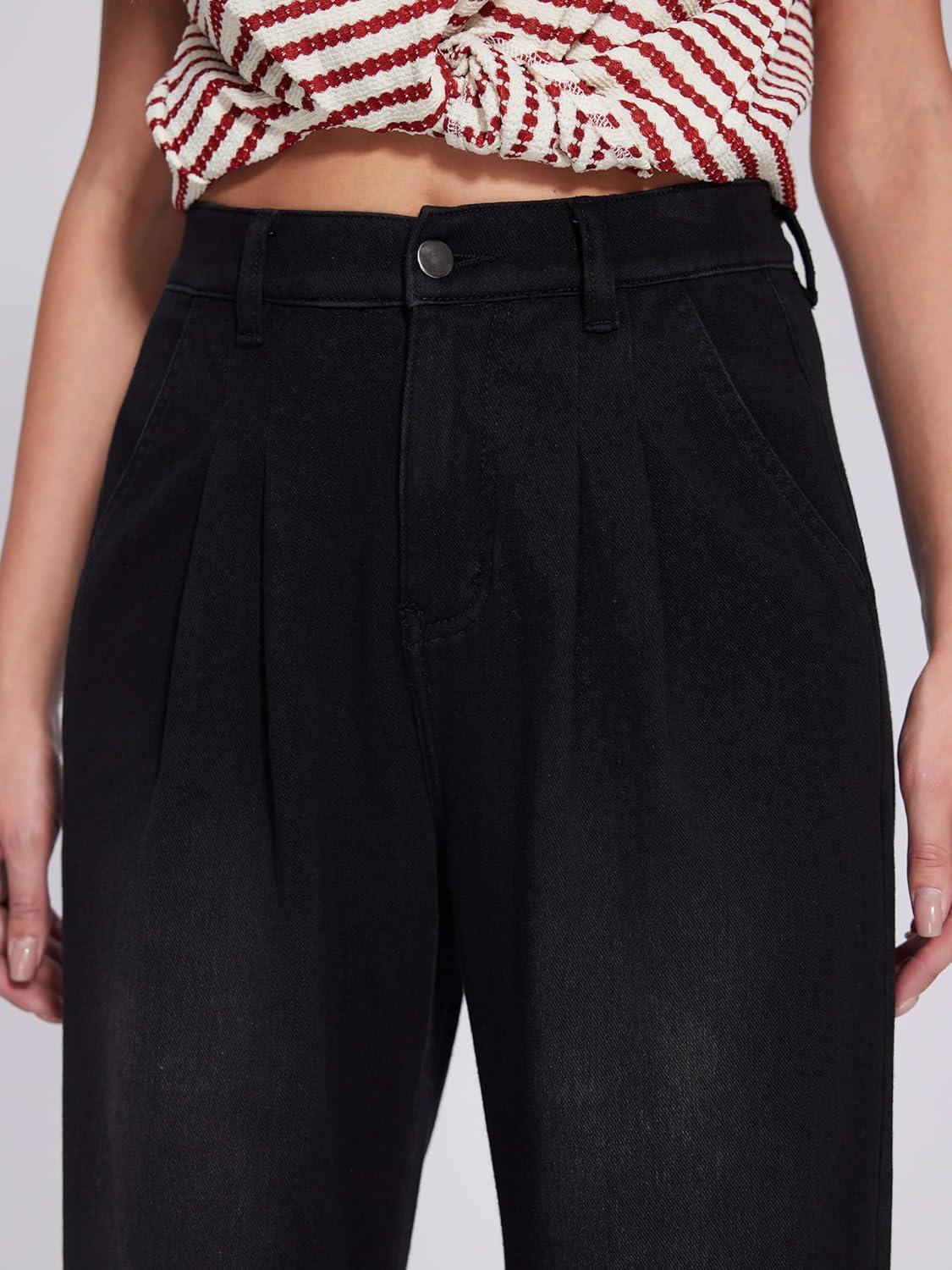 imageVinova Womens Wide Leg Baggy Jeans Stretchy Pleated High Waisted Denim Pants Trouser JeansCarbon