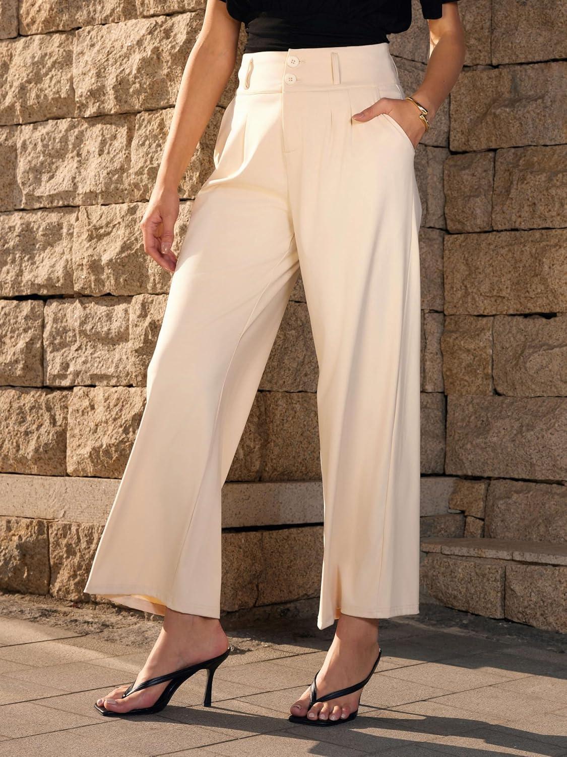 imageVinova Womens Wide Straight Leg Pants Buttoned Stretchy High Waisted Business Casual Pants with PocketsBeige