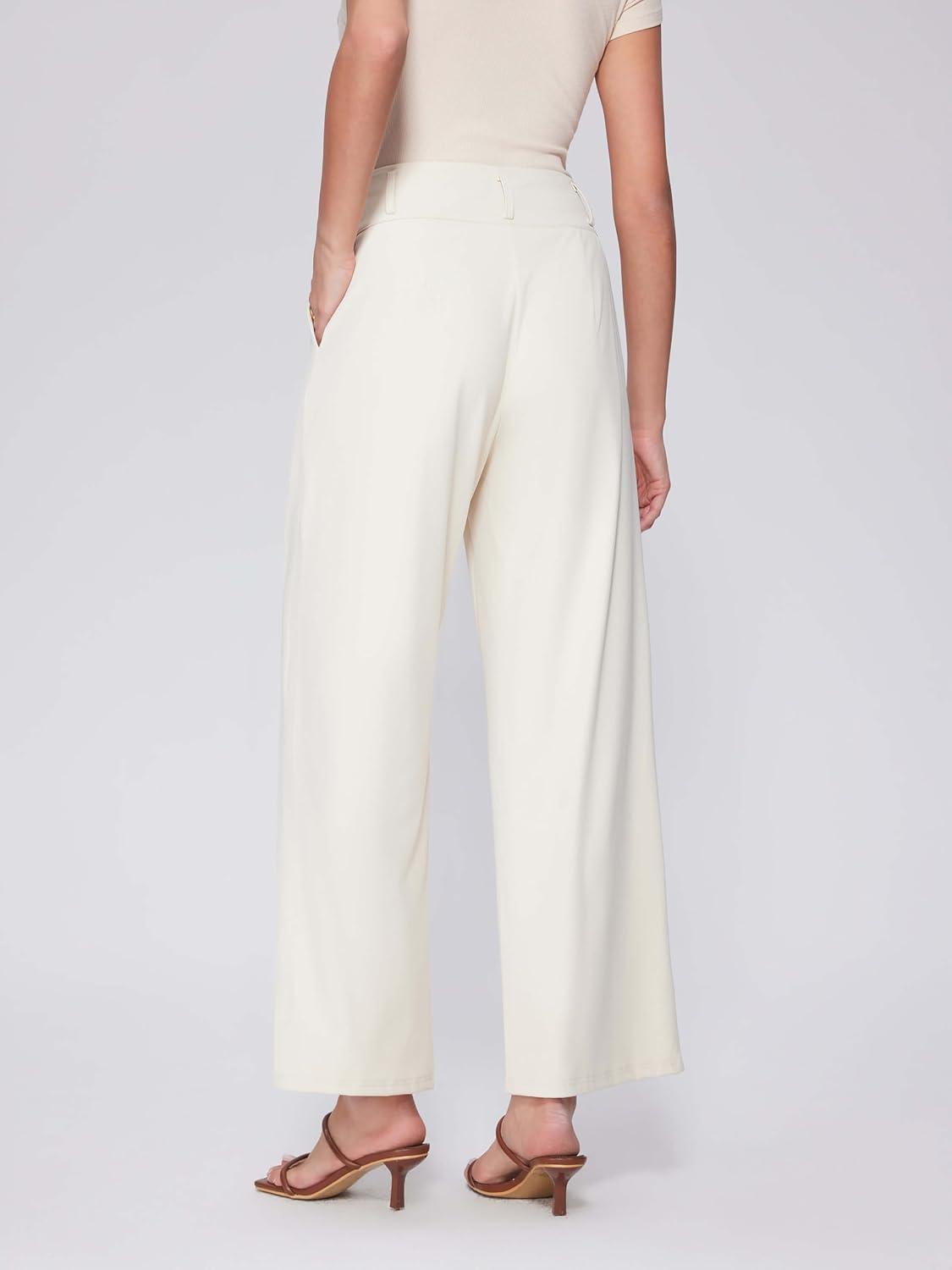 imageVinova Womens Wide Straight Leg Pants Buttoned Stretchy High Waisted Business Casual Pants with PocketsBeige