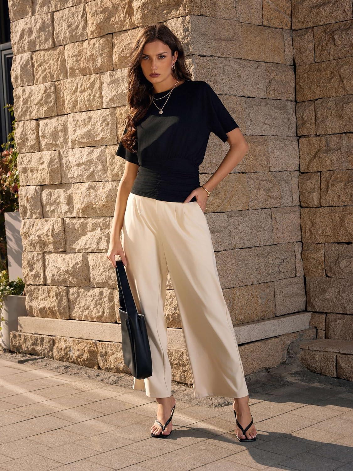 imageVinova Womens Wide Straight Leg Pants Buttoned Stretchy High Waisted Business Casual Pants with PocketsBeige