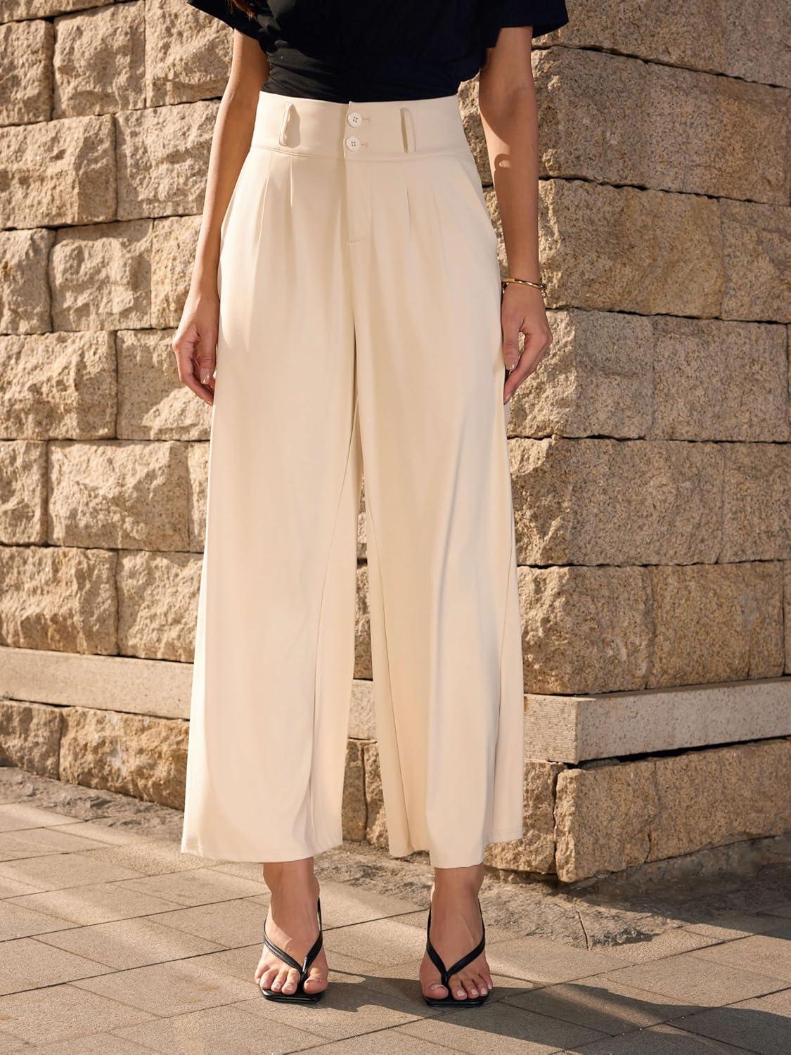 imageVinova Womens Wide Straight Leg Pants Buttoned Stretchy High Waisted Business Casual Pants with PocketsBeige