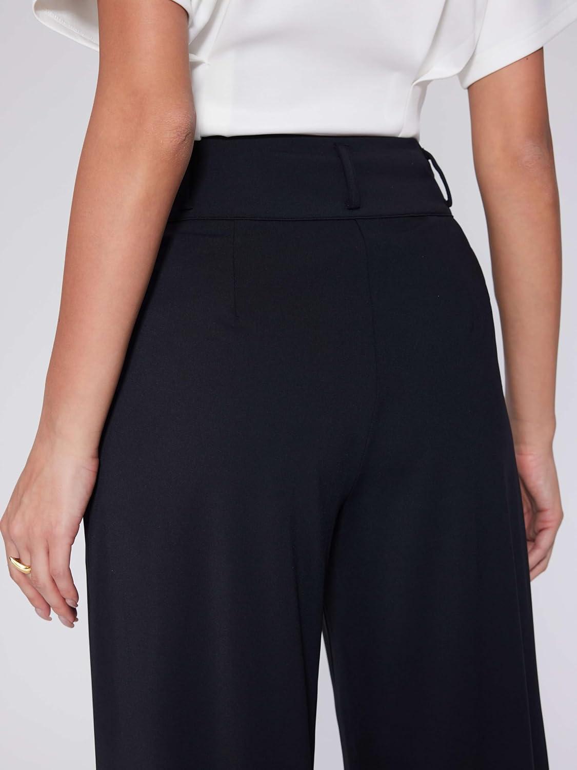 imageVinova Womens Wide Straight Leg Pants Buttoned Stretchy High Waisted Business Casual Pants with PocketsBlack