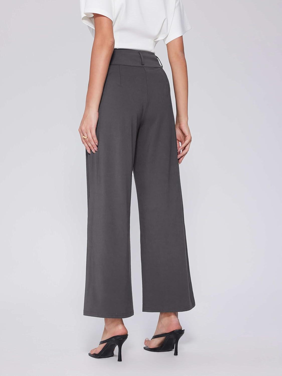 imageVinova Womens Wide Straight Leg Pants Buttoned Stretchy High Waisted Business Casual Pants with PocketsGrey