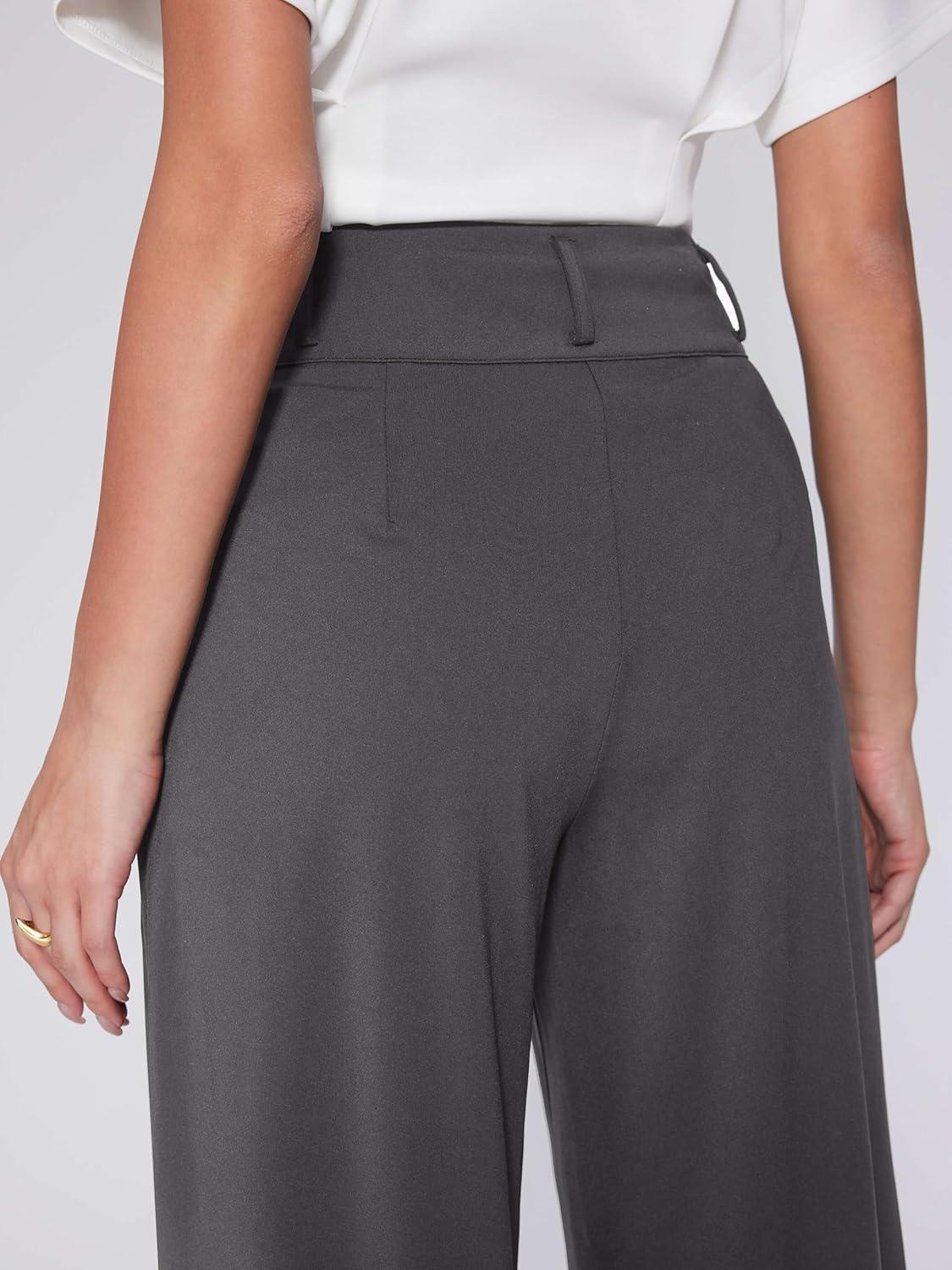 imageVinova Womens Wide Straight Leg Pants Buttoned Stretchy High Waisted Business Casual Pants with PocketsGrey